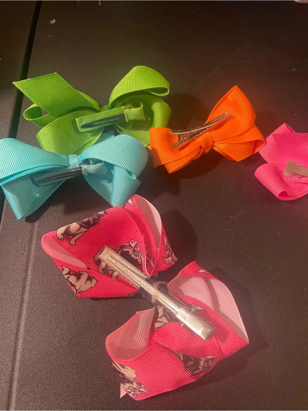 Kids Handmade Hair Bow Set - Bright Green, Orange, Pink, Teal